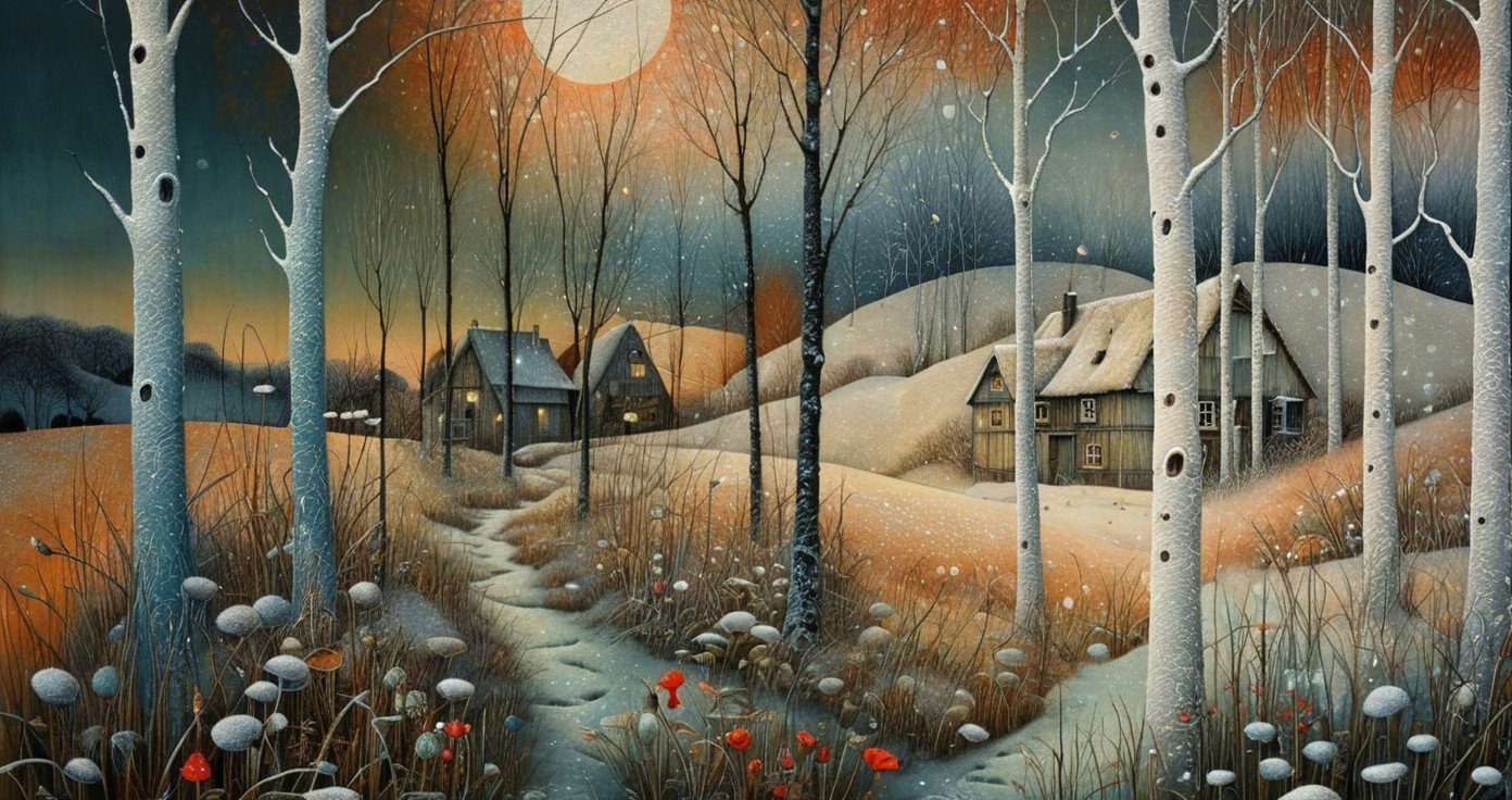 Winter Landscape with Snow-Covered Hills and Cottages