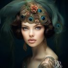 Elegant Woman with Peacock Feather Headpiece Artwork
