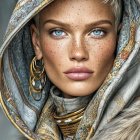 Young woman in a sheer embellished veil with blue eyes