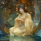 Serene figure on lotus flower in tranquil pond