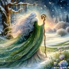 Intricate Watercolor of Winter Scene with Wizard Figure