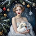 Detailed Oil Painting of Woman with Swan and Christmas Tree