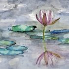 Watercolor of a pink water lily on calm water
