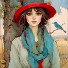 Young girl in red hat and blue scarf by a tree