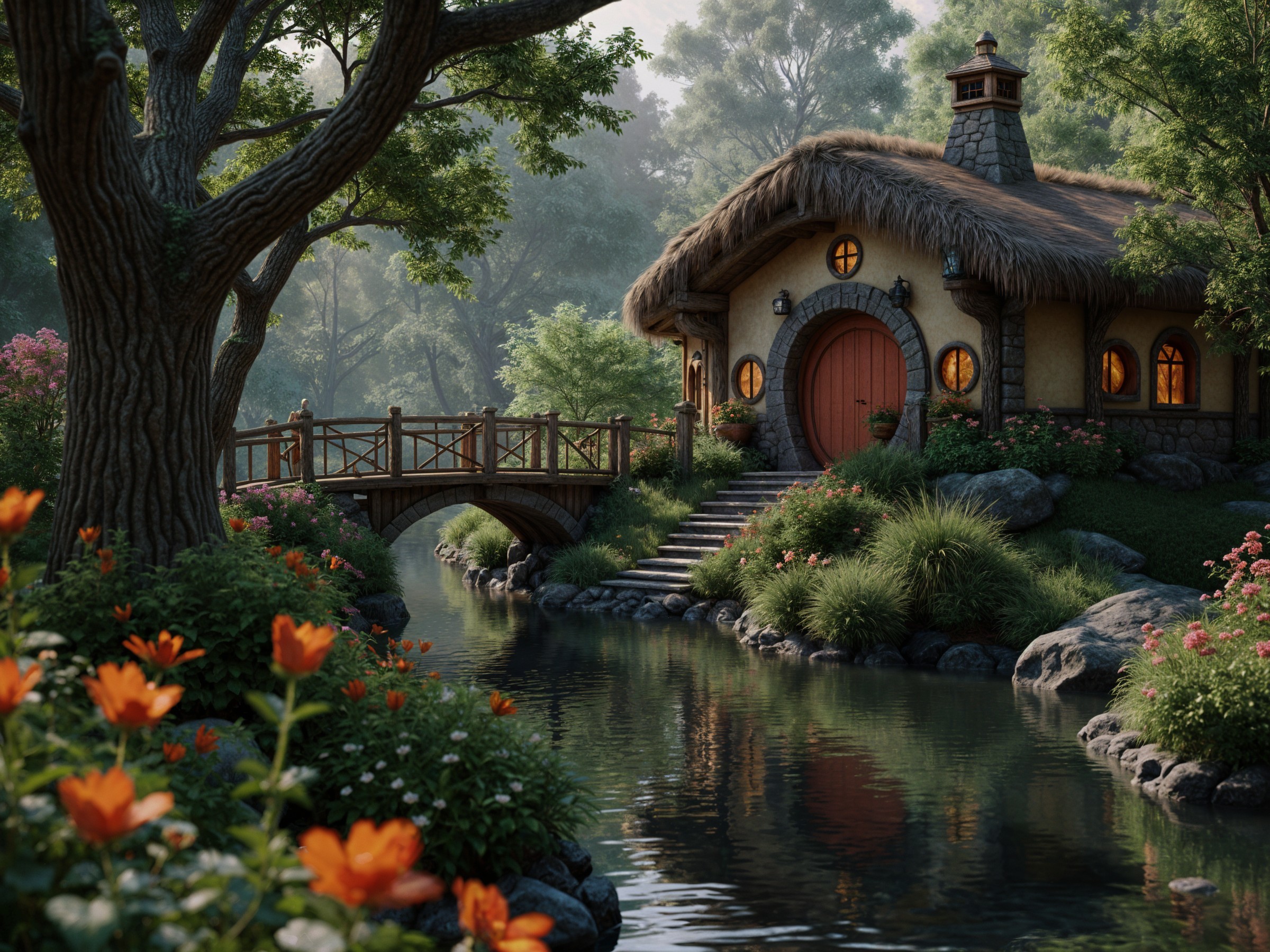 Charming Thatched Cottage Surrounded by Lush Greenery