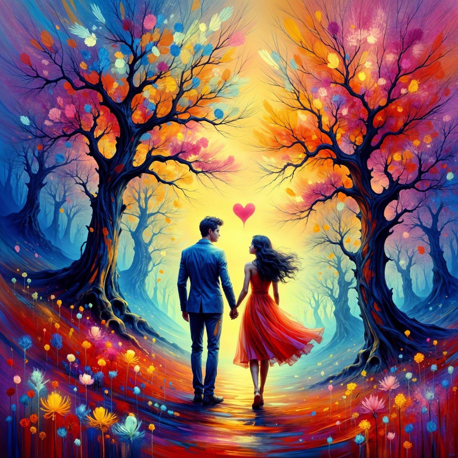 Couple in Colorful Landscape with Glowing Heart