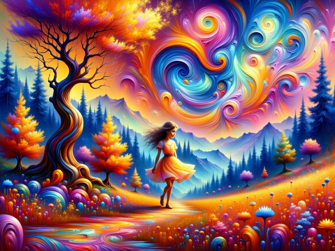 Surreal Landscape with Young Girl in Yellow Dress