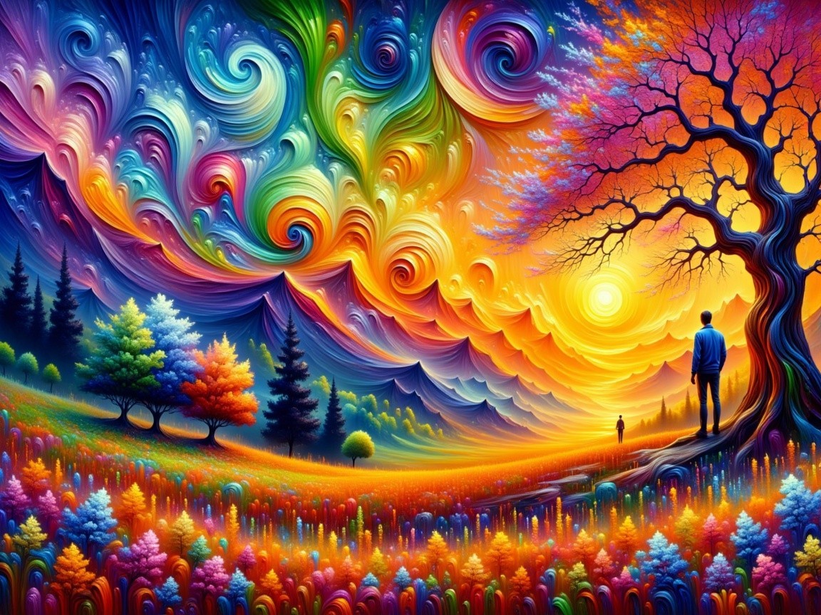 Vibrant Landscape with Surreal Sunset and Figures