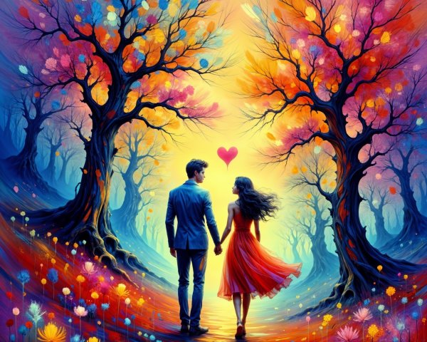 Couple in Colorful Landscape with Glowing Heart