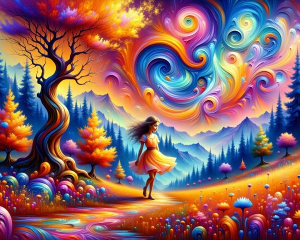 Surreal Landscape with Young Girl in Yellow Dress