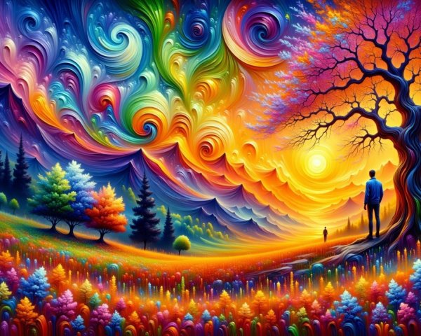 Vibrant Landscape with Surreal Sunset and Figures