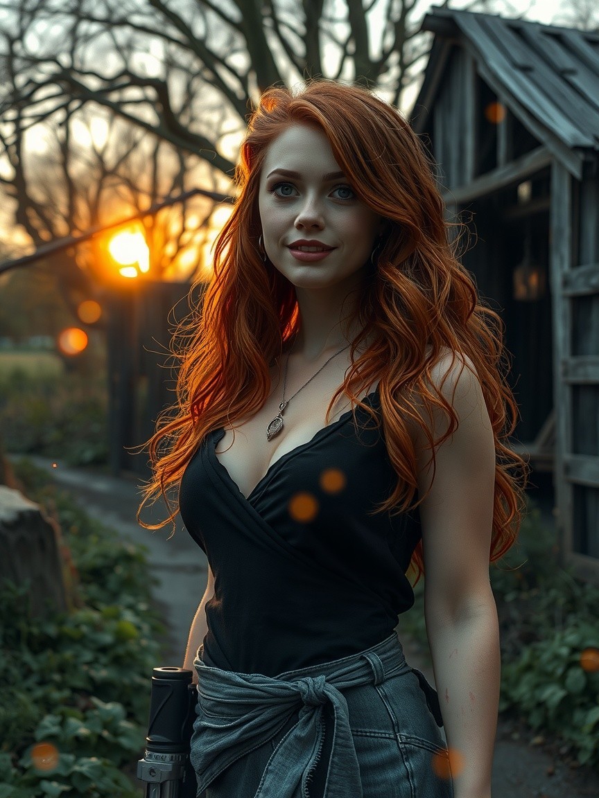 Woman with Red Hair in Serene Sunset Setting