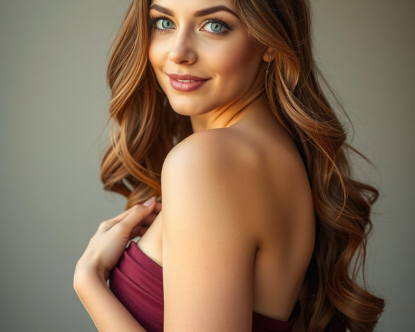 Woman in strapless maroon dress with wavy brown hair