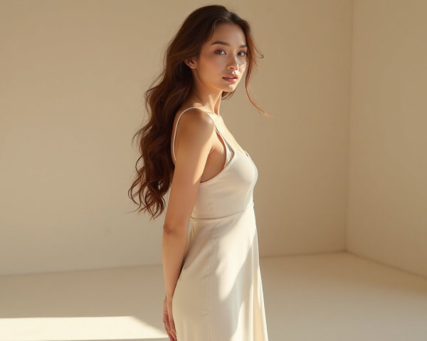 Young woman in cream dress in softly lit room