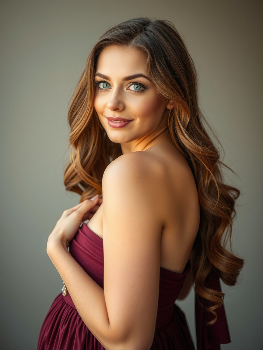 Woman in strapless maroon dress with wavy brown hair