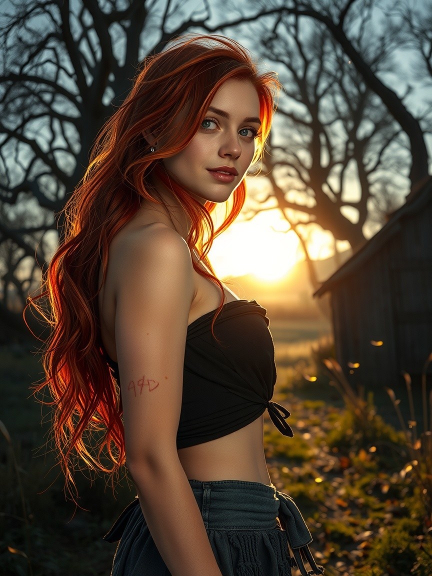 Young Woman with Red Hair in Sunset Landscape