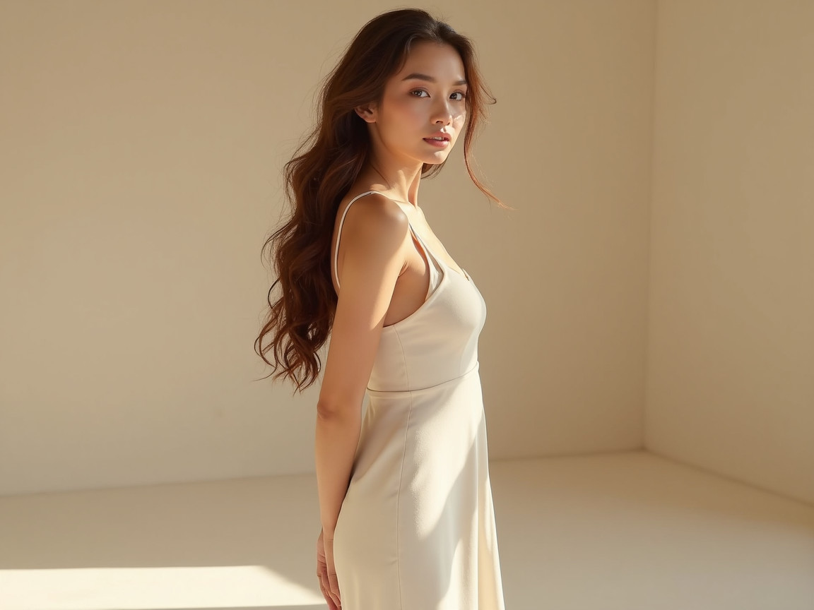 Young woman in cream dress in softly lit room