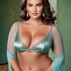 Woman in Elegant Teal Ensemble with Embellished Details