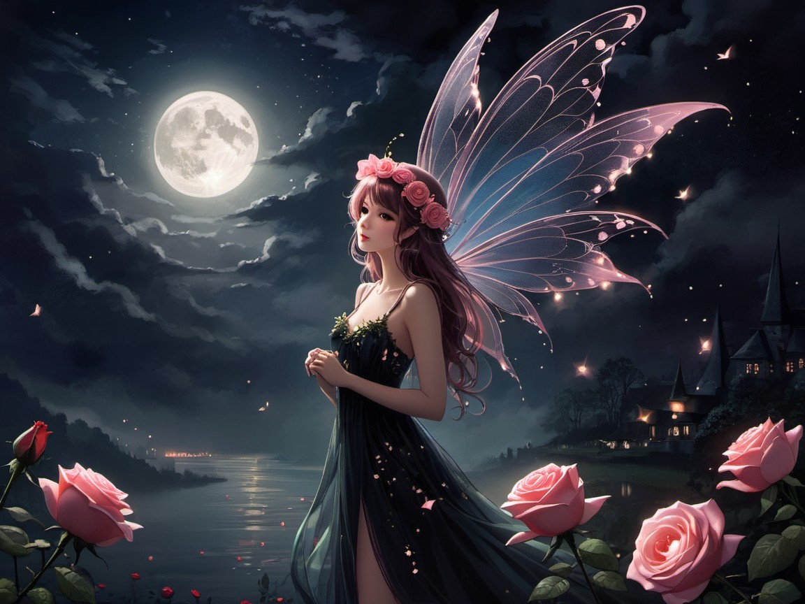 Fairy by Moonlit Lake with Glowing Rose Petals