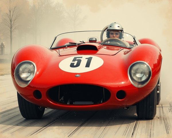 Vintage Red Race Car with Number 51 in Misty Setting