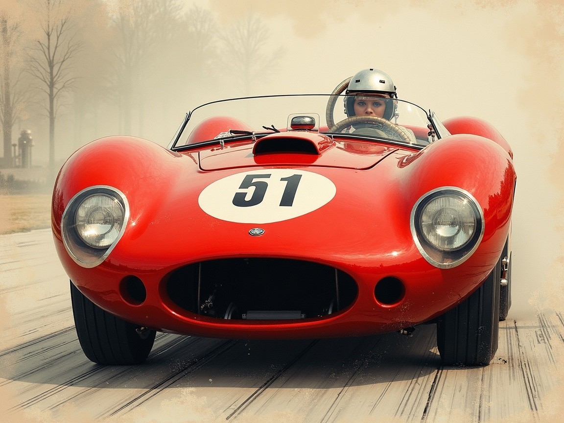 Vintage Red Race Car with Number 51 in Misty Setting