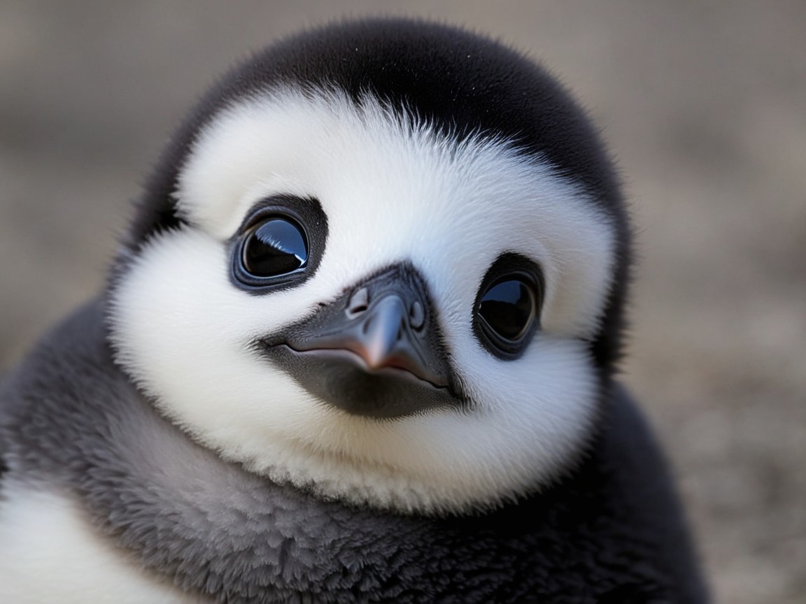 Close-up of a fluffy penguin chick with curious eyes
