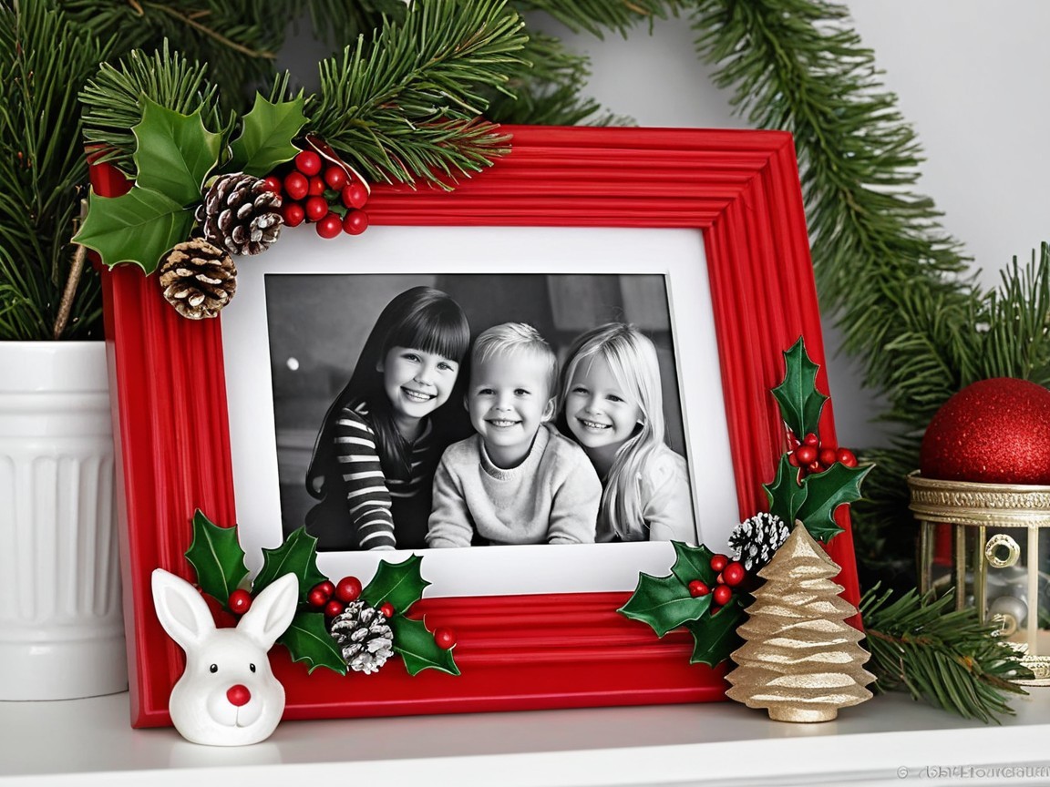 Red Photo Frame with Holiday Decorations and Children