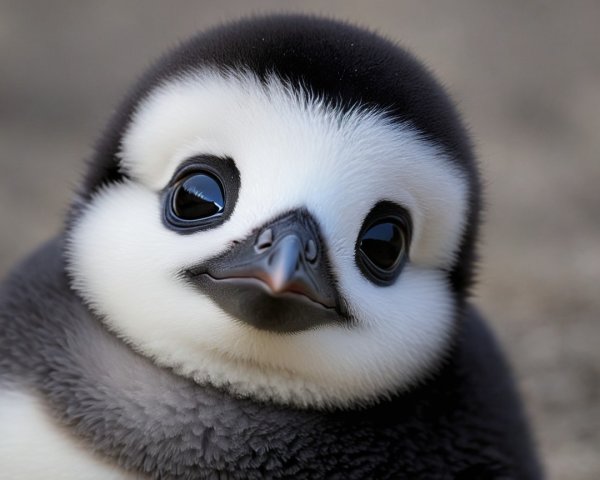 Close-up of a fluffy penguin chick with curious eyes