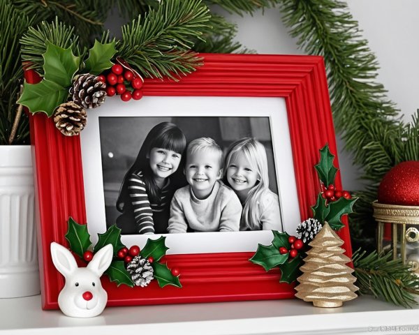 Red Photo Frame with Holiday Decorations and Children