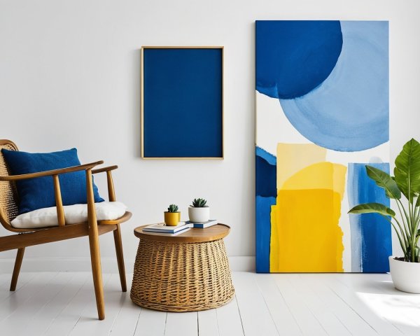 Modern Room with Wooden Chair and Abstract Art