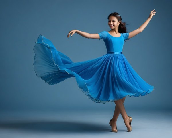 Young dancer in vibrant blue dress twirls gracefully