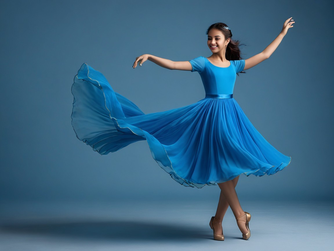 Young dancer in vibrant blue dress twirls gracefully