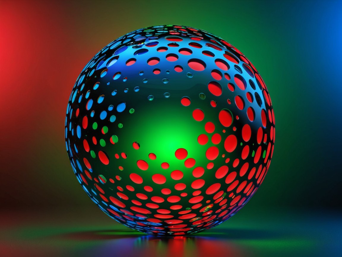 Reflective Sphere of Blue and Red Dots on Gradient Background