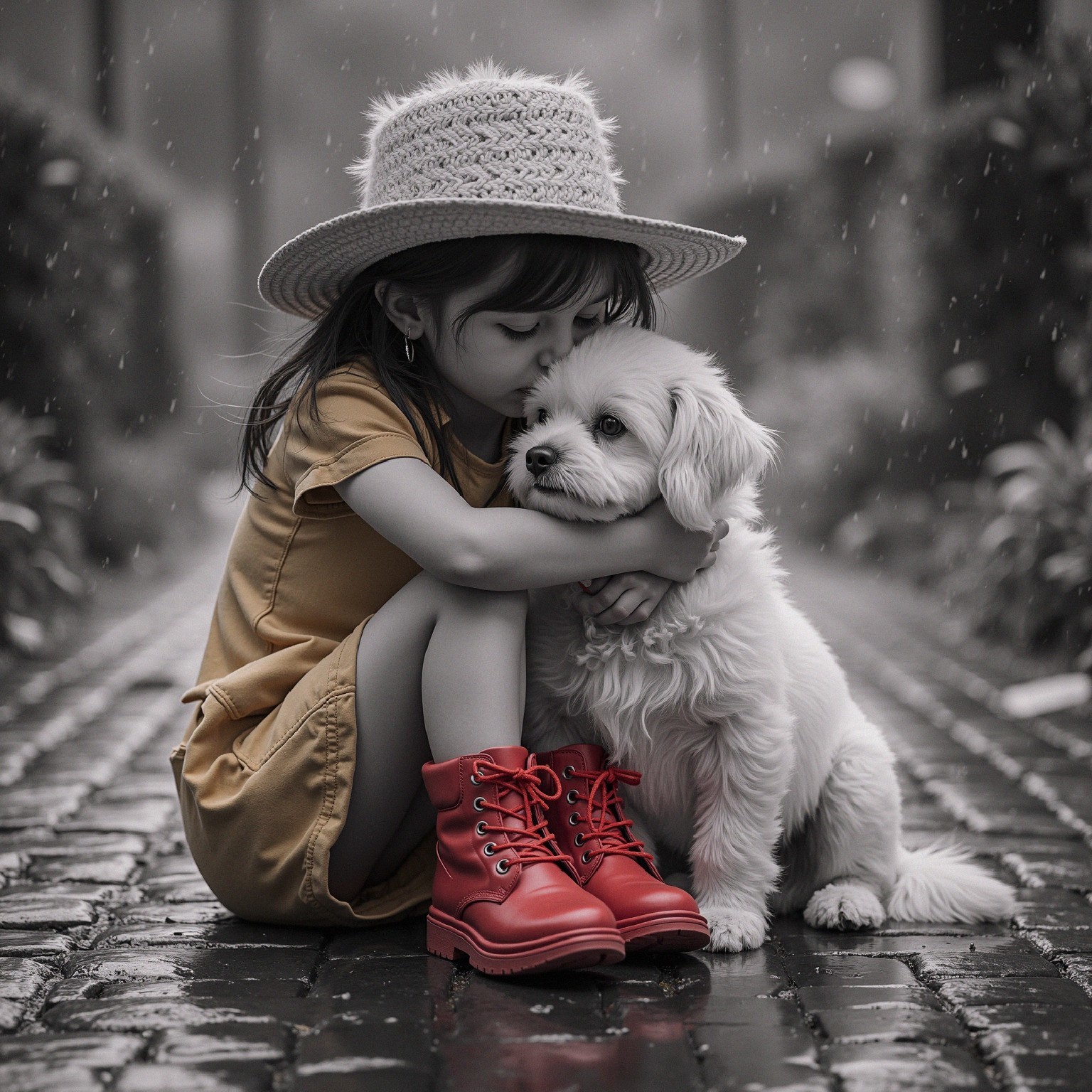 Young Girl in Yellow Dress Kissing White Dog in Rain
