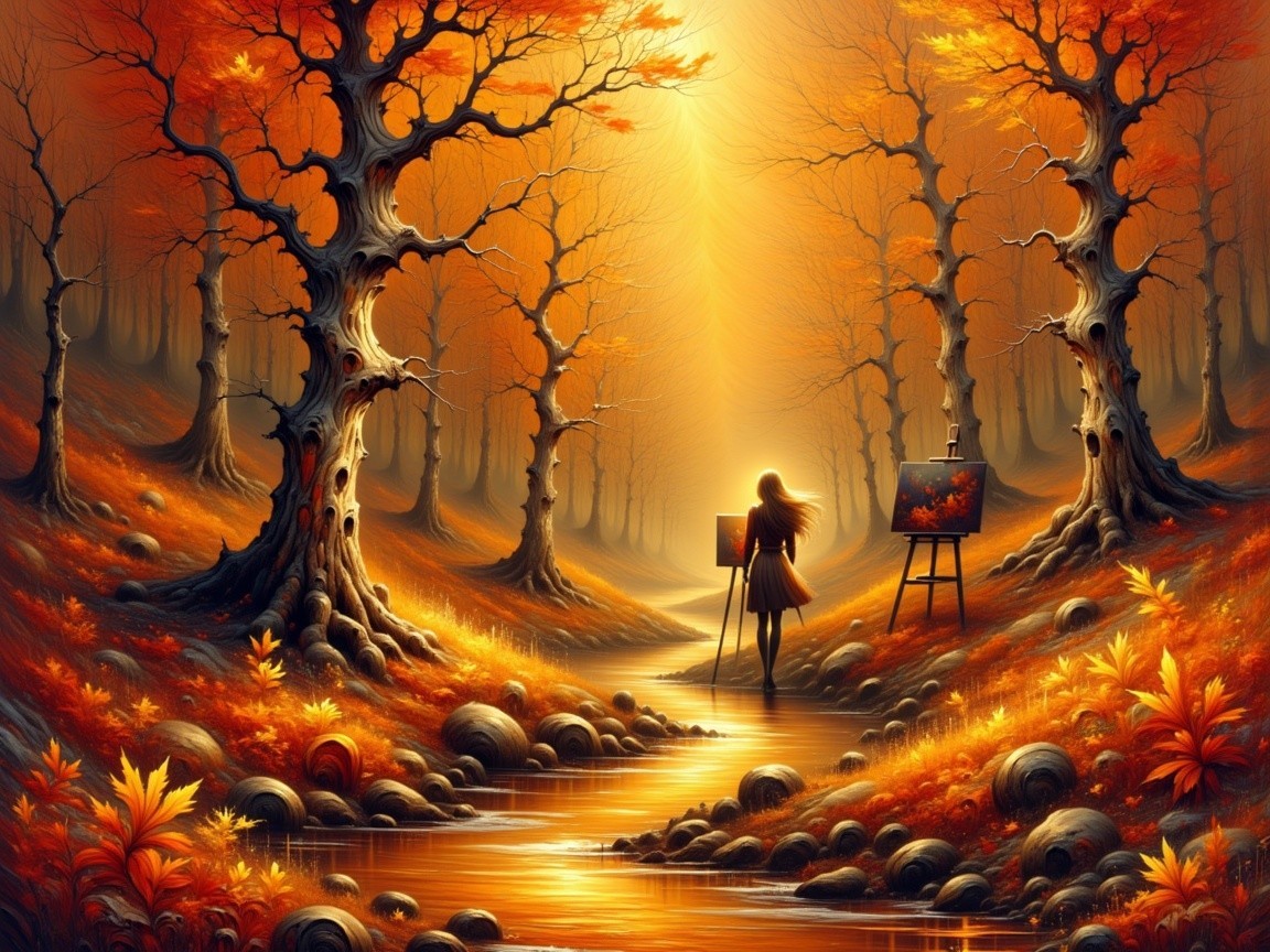 Autumn Forest Landscape with Vibrant Foliage and Stream