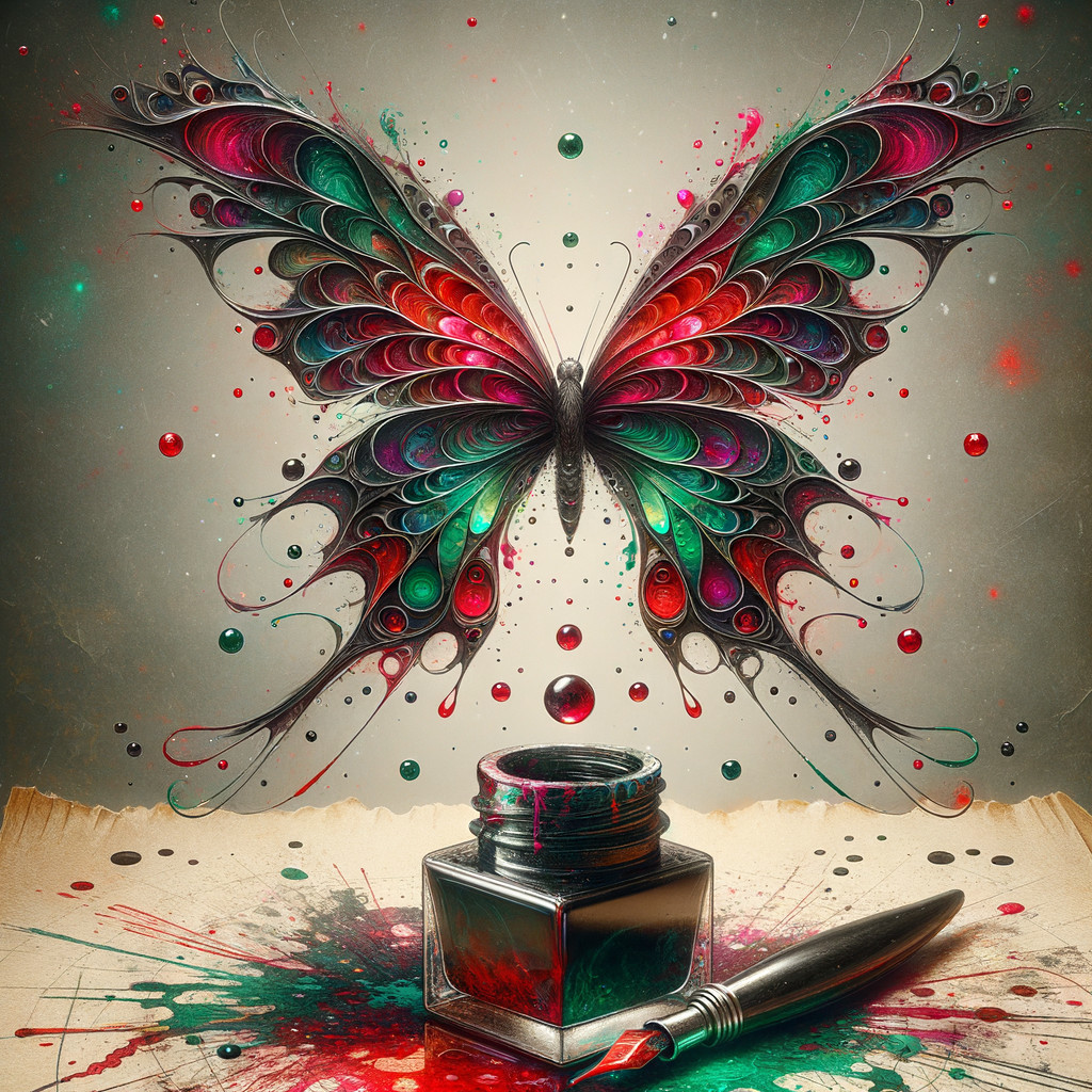 Butterfly Emerging from Colorful Ink Spill Scene