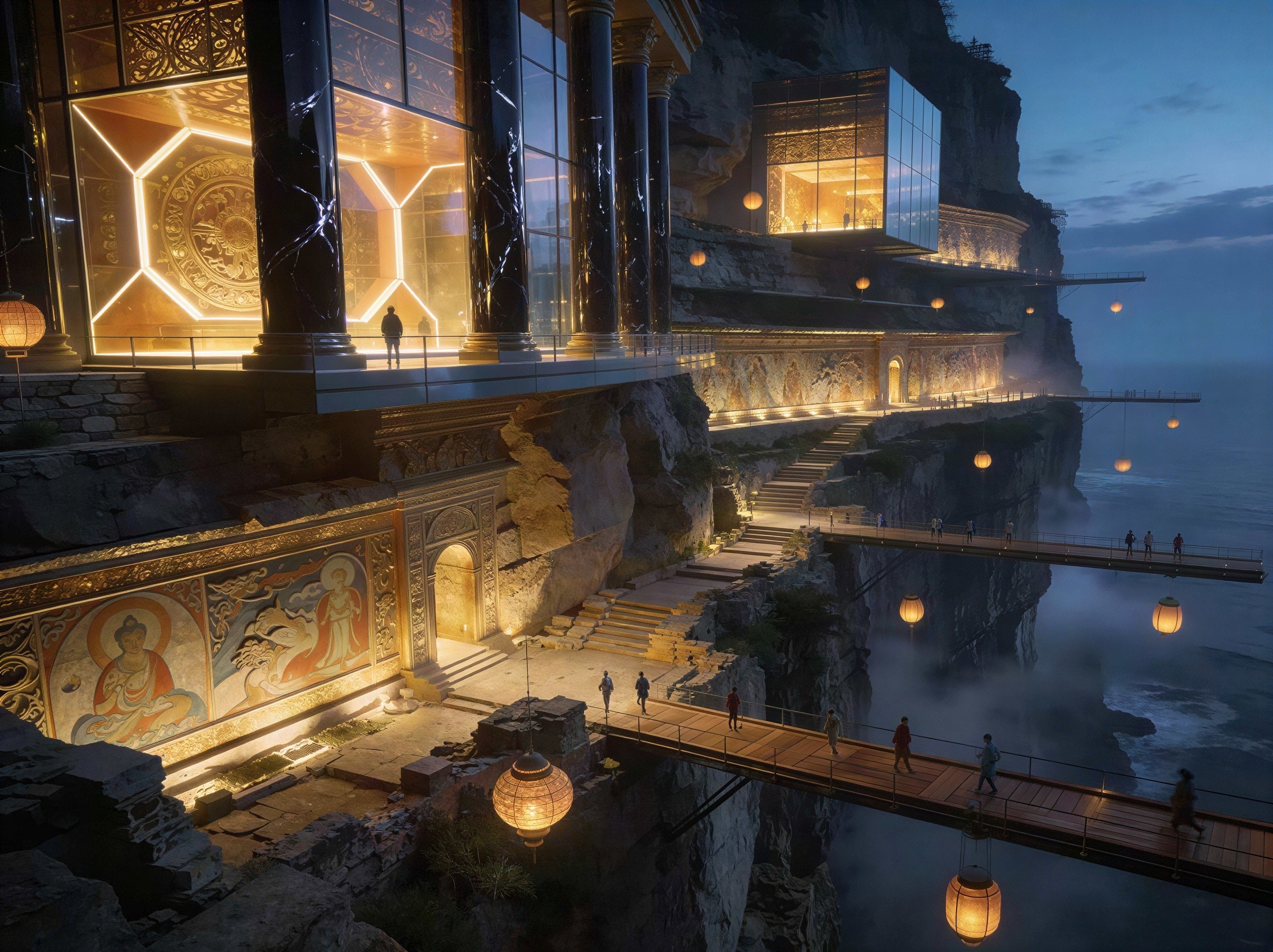 Temple Complex on Cliff Overlooking Ocean at Twilight