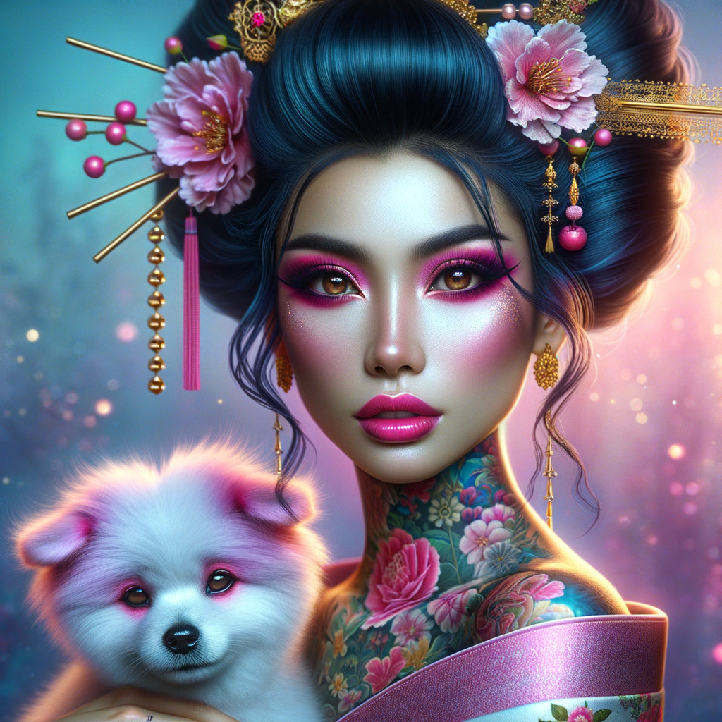 Portrait of a Woman in Traditional Attire with Pomeranian