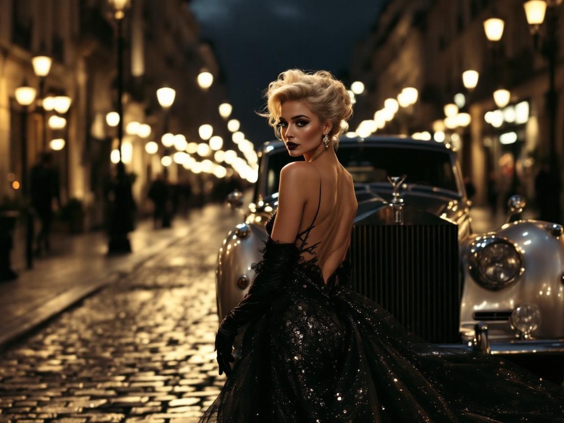 Glamorous Woman in Black Sequined Gown on Cobblestone Street