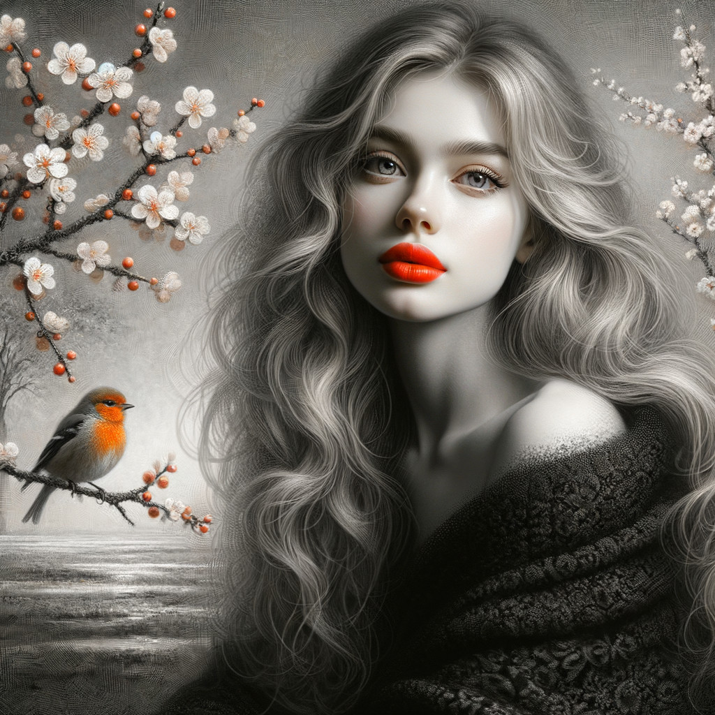 Portrait of a Young Woman with Cherry Blossoms and Bird