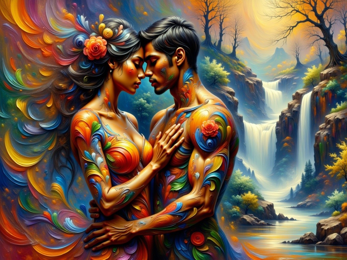 Surreal Scene of Couple Amidst Cascading Waterfalls