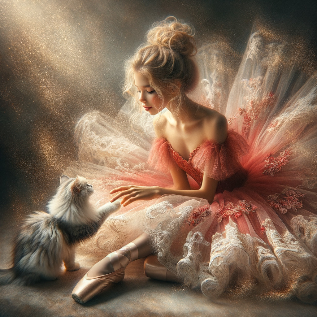 Young ballerina in pink tutu with fluffy white cat