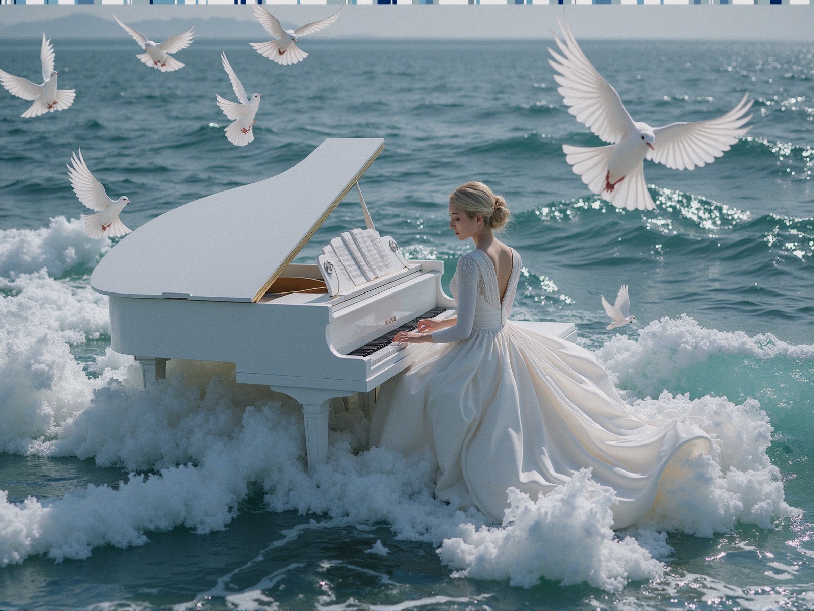 Woman in white gown playing piano by the ocean
