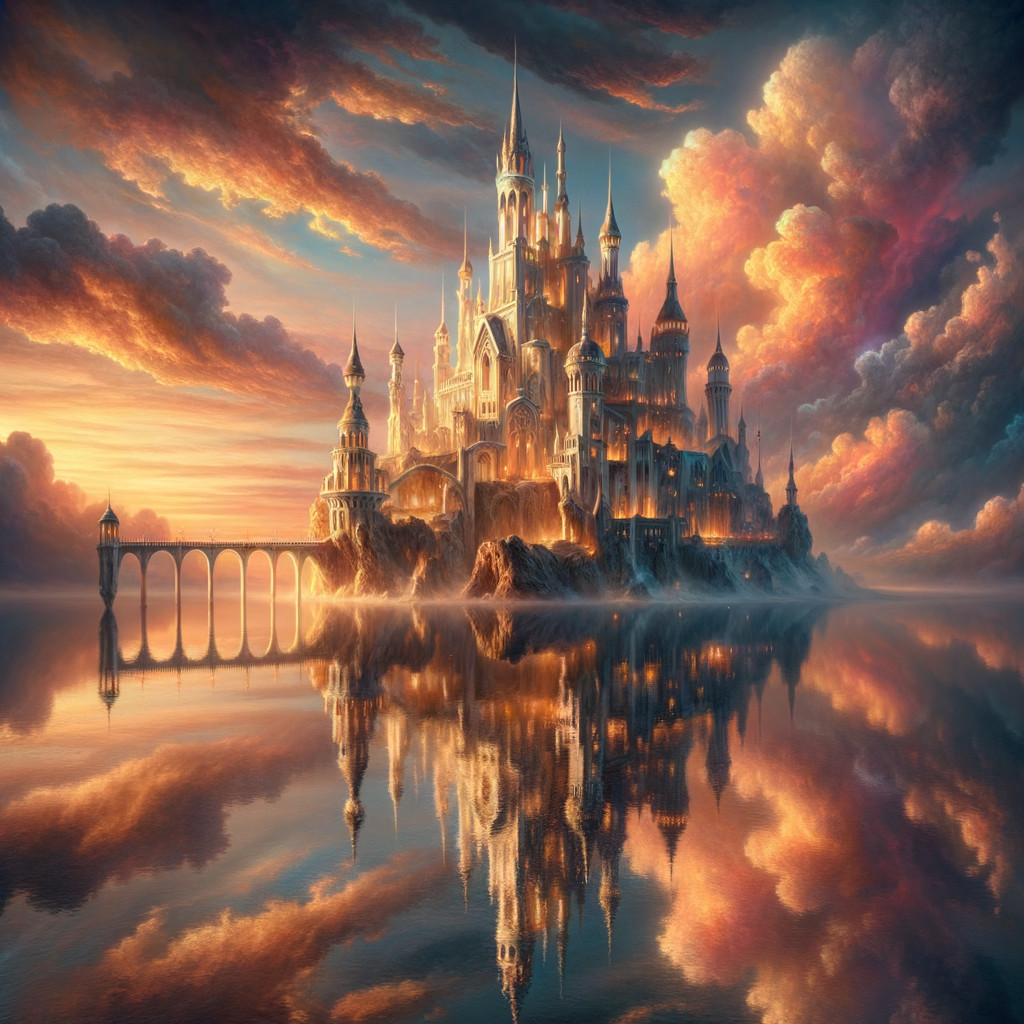 Majestic Fantasy Castle on Rocky Island at Sunrise