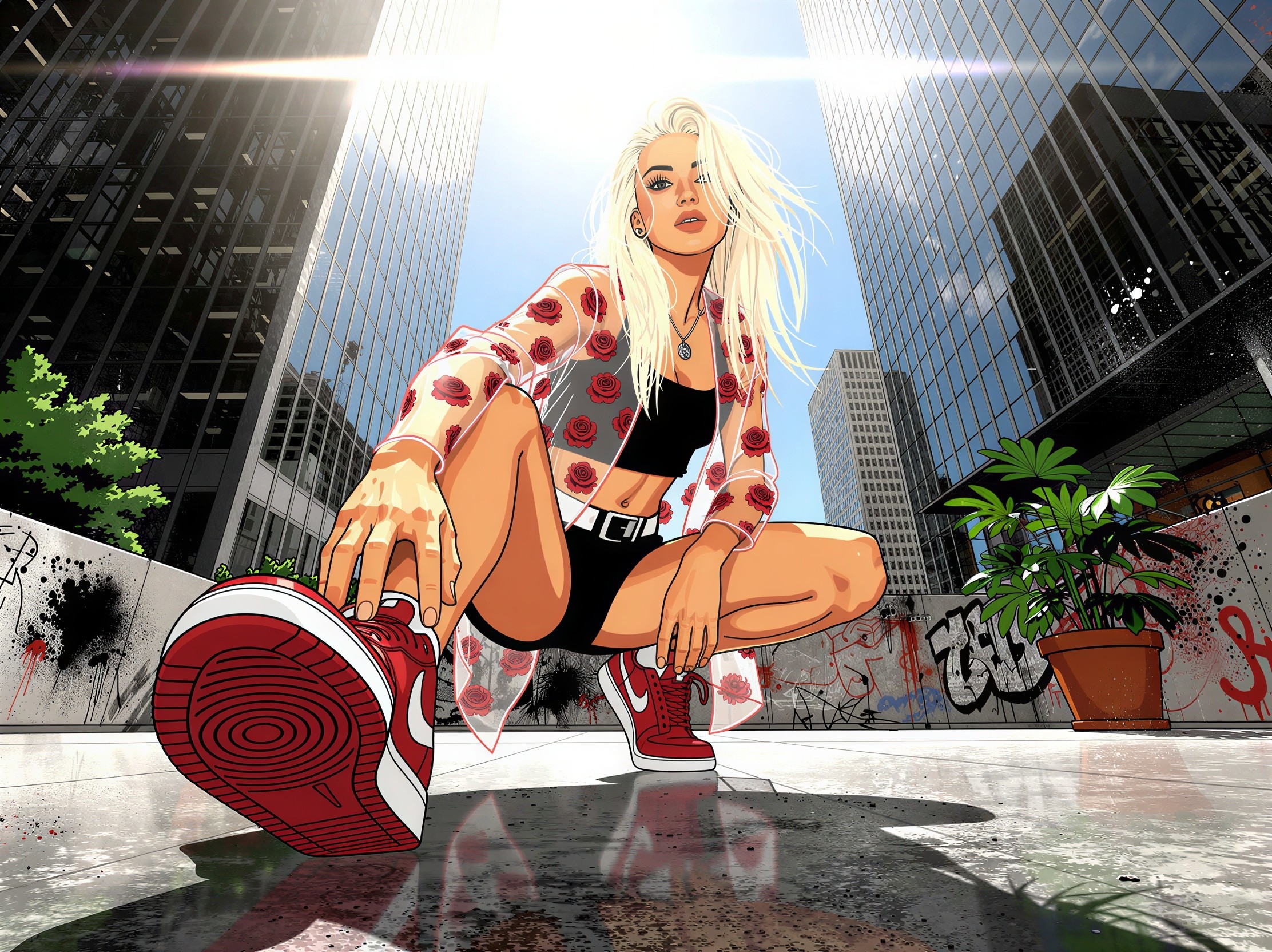 Young woman in black outfit with red sneakers and roses