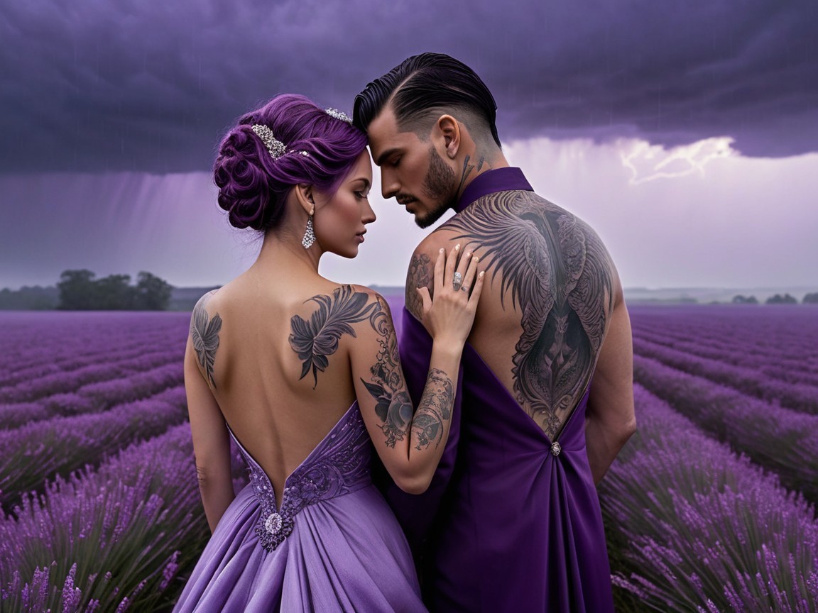 Couple in Lavender Field with Dramatic Sky and Tattoos