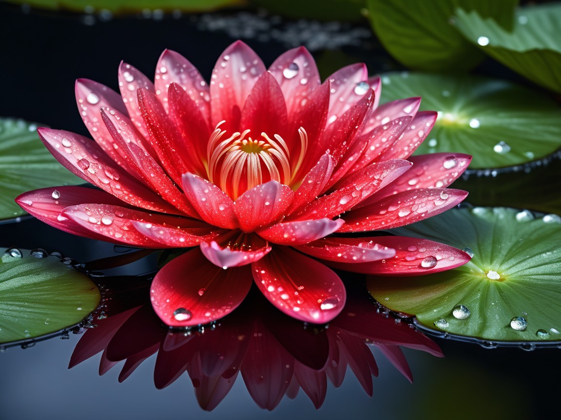 Red Lotus Flower Blooming on Tranquil Water Surface