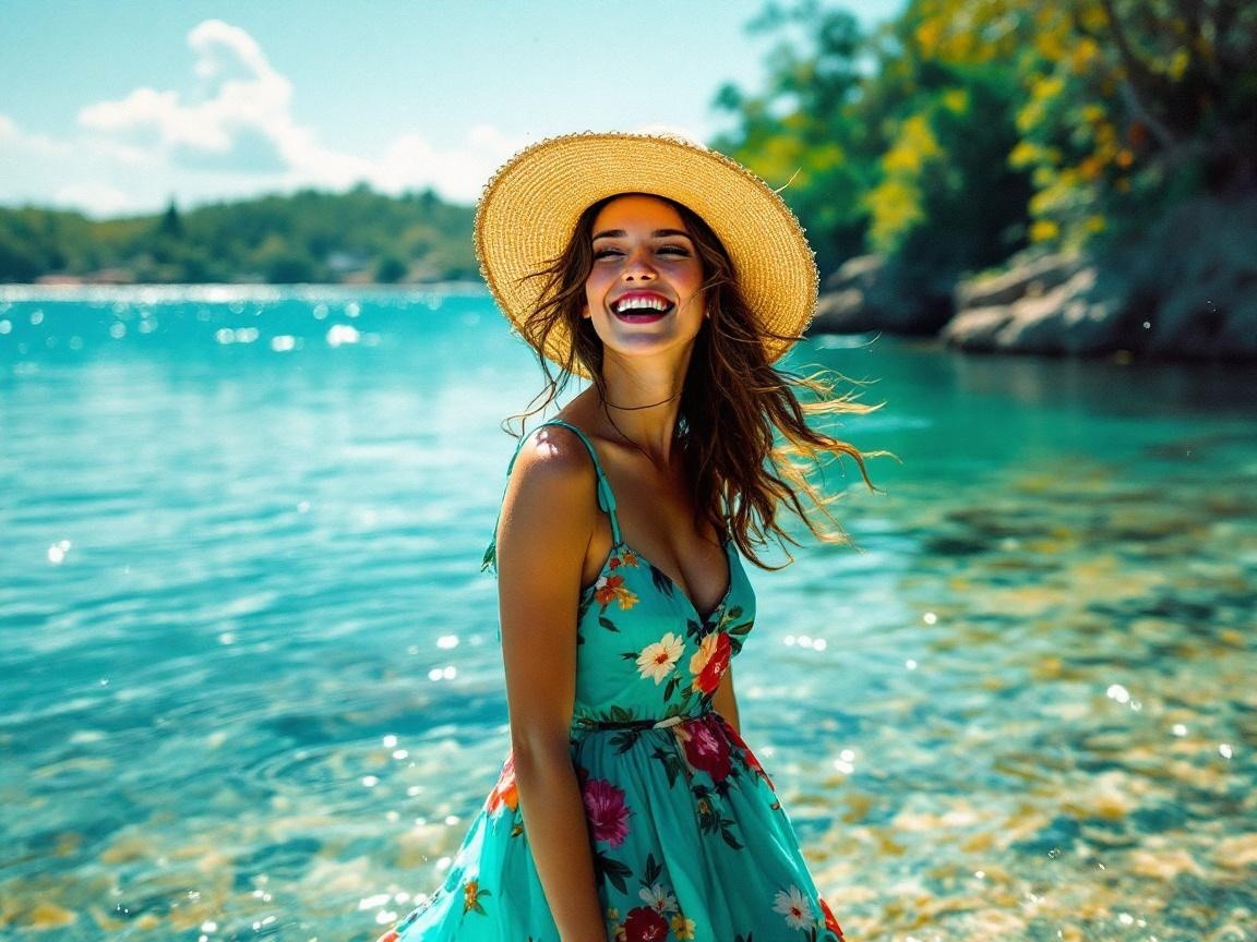 Joyful Young Woman in Turquoise Water and Floral Dress