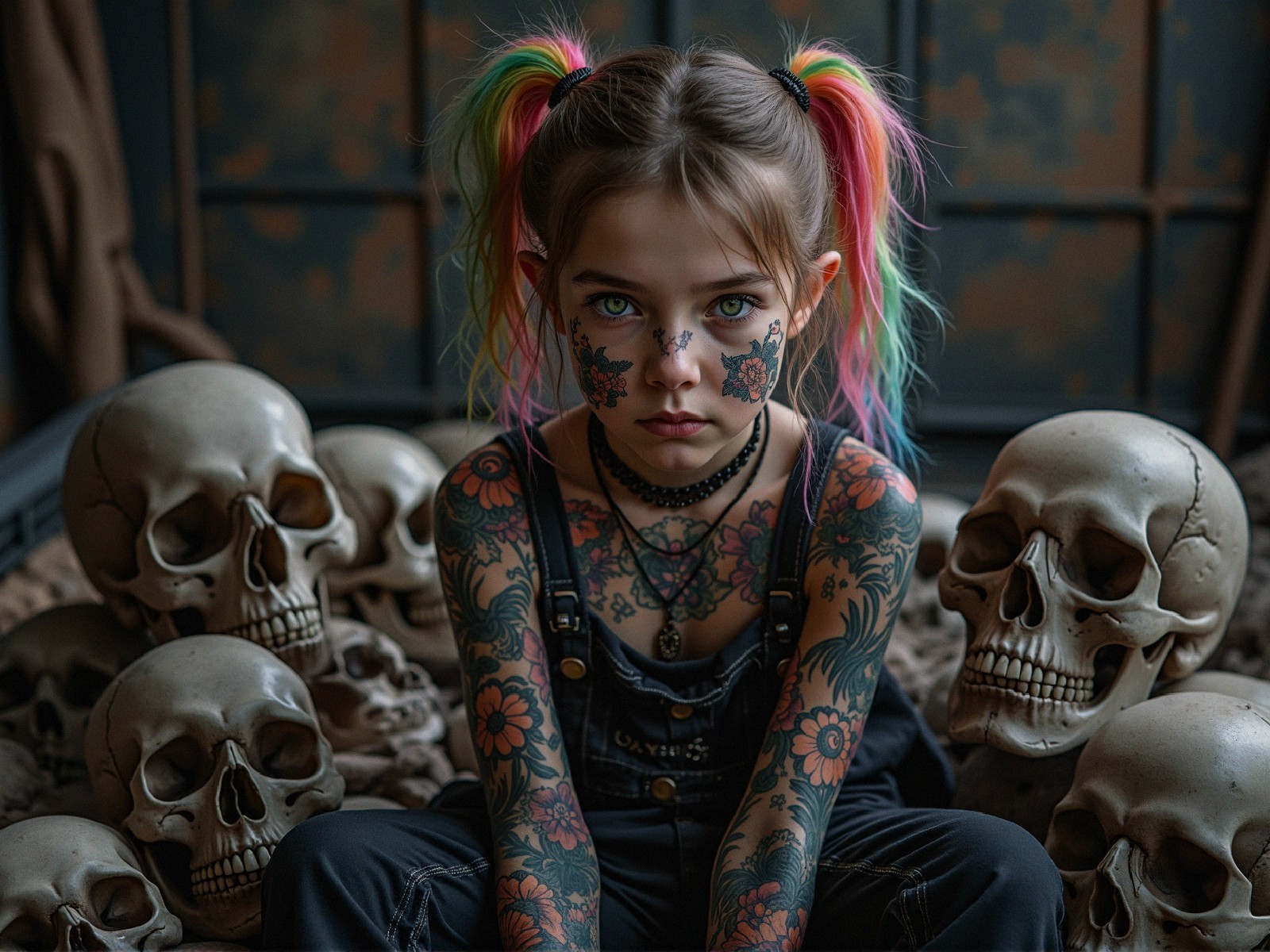 Young girl with colorful pigtails among artistic skulls