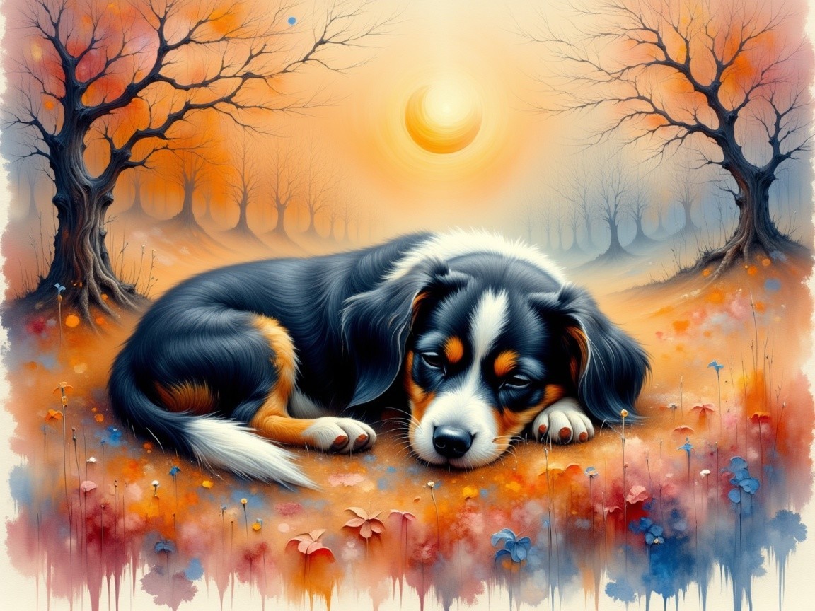 Black and tan puppy in vibrant autumn landscape